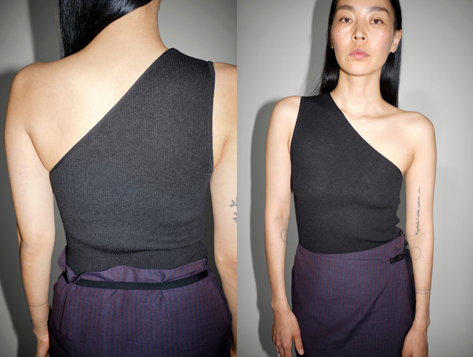 CRISTASEYA<br>RIBBED SILK ASYMMETRICAL TOP<br>in BLACK <BR><BR>SOLD OUT