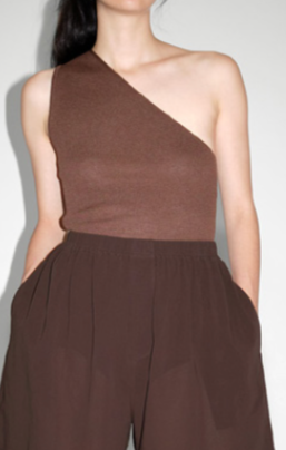 CRISTASEYA<br>RIBBED SILK ASYMMETRICAL TOP<br>in BROWN