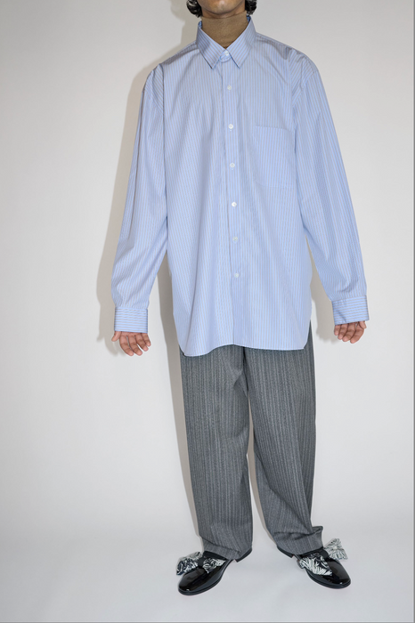 Salvatore Piccolo xCRISTASEYA<br>HANDMADE CLASSIC COLLAR SHIRT<br>in BLUE WITH BROWN STRIPES