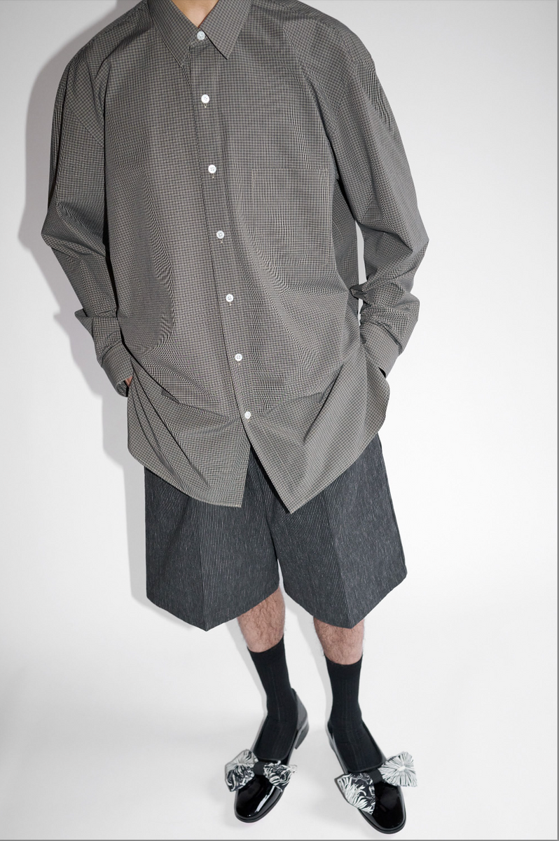 CRISTASEYA HANDMADE CLASSIC COLLAR SHIRT in TAUPE WITH BLACK CRISTASEYA HANDMADE CLASSIC COLLAR SHIRT in TAUPE WITH BLACK