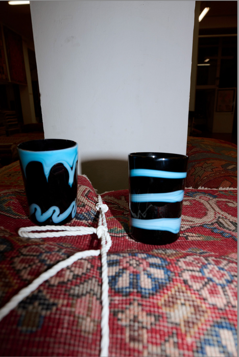 CRISTASEYA<br>MURANO GLASS <br>BLACK WITH CYAN DRIP & WAVE