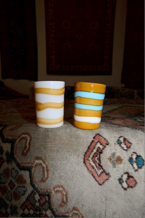 CRISTASEYA<br>MURANO GLASS <br>WHITE WITH MUSTARD STRIPES