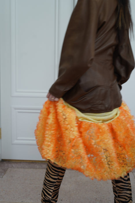 FUMIKA_UCHIDA<BR>FRILL EMBROIDERED ORGANDY / LACE PRINTED SATIN PETTICOAT<BR>YELLOWxORANGE