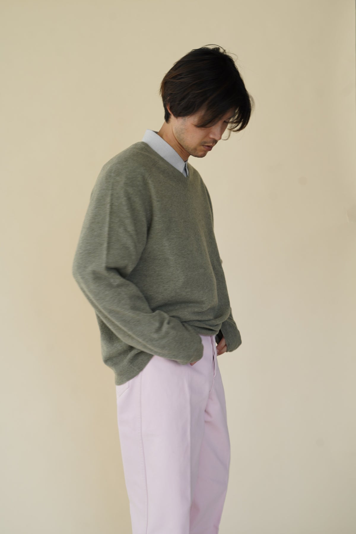 CRISTASEYA OVERSIZED V NECK FLANNEL SWEATER in LIGHT KHAKI – PORT