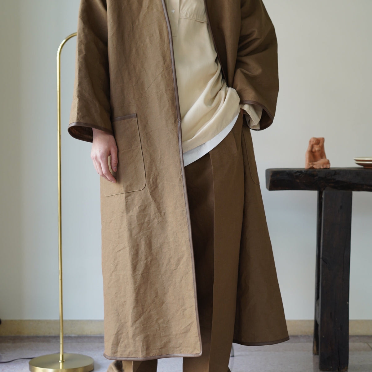 CRISTASEYA COLLARLESS COAT WITH LEATHER PIPING – PORT