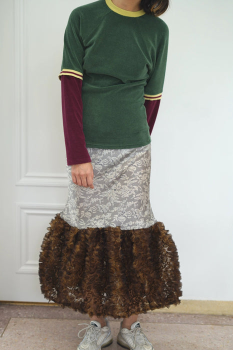 FUMIKA_UCHIDA<BR>FRILL EMBROIDERED ORGANDY / LACE PRINTED SATIN PETTICOAT<BR>BROWNxBLACK