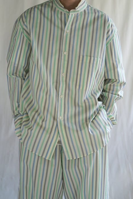 Salvatore Piccolo x CRISTASEYA<br>HANDMADE FRINGED MAO COLLAR SHIRT<br>in PASTEL GREEN STRIPED