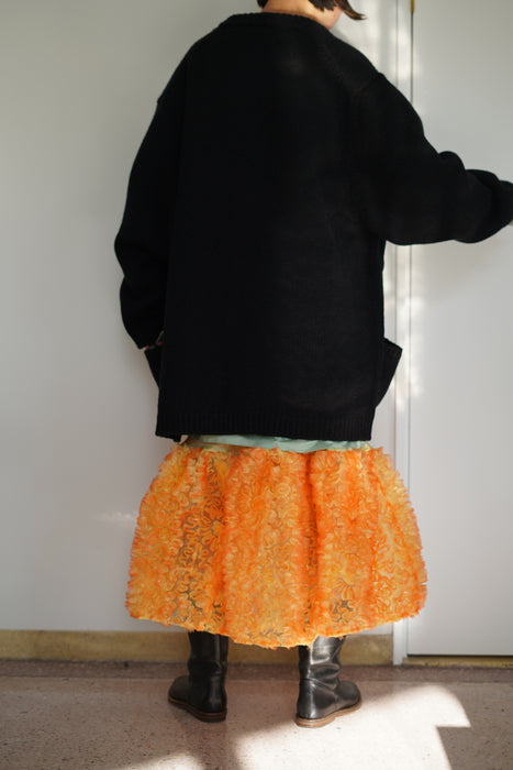 FUMIKA_UCHIDA<BR>FRILL EMBROIDERED ORGANDY / LACE PRINTED SATIN PETTICOAT<BR>YELLOWxORANGE