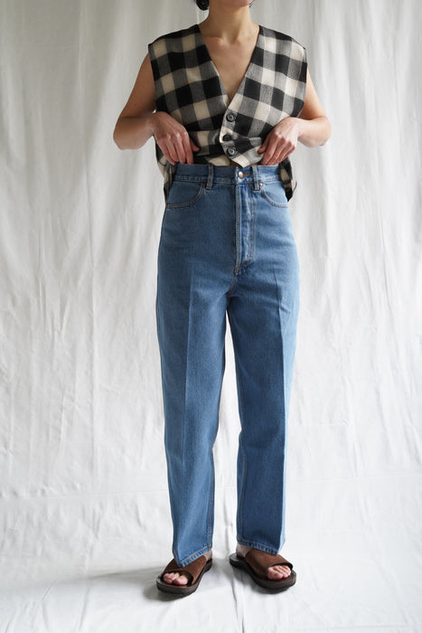 CRISTASEYA<br>BLEACHED DENIM HIGH-WAISTED JEANS