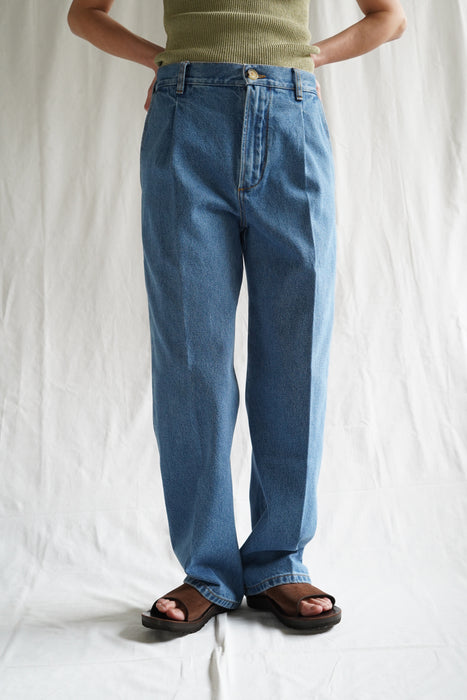 CRISTASEYA<br>BLEACHED DENIM PLEATED TROUSERS