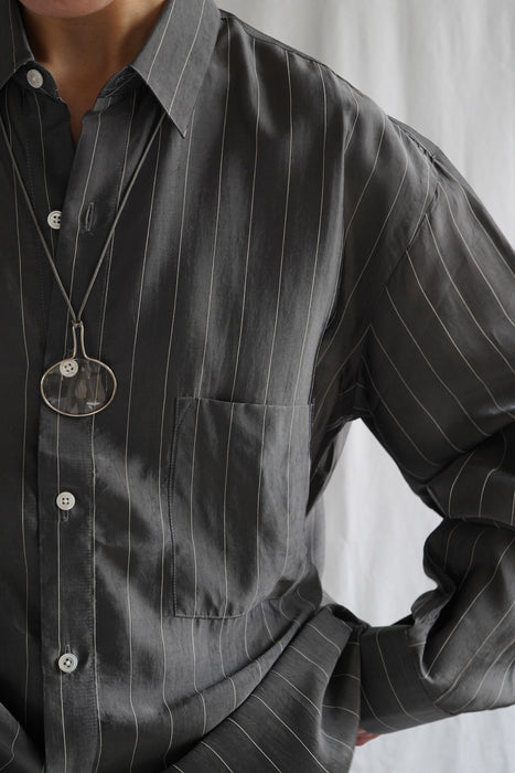 Salvatore Piccolo x CRISTASEYA<br>HANDMADE CLASSIC COLLAR SHIRT<br>in GREY WITH WHITE PINSTRIPES