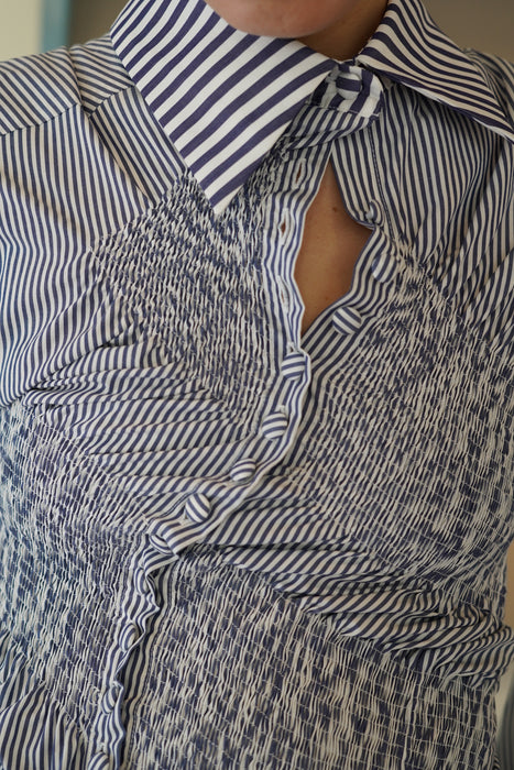 SUPER YAYA<br>TWIST COTTON STRIPES SHIRT<br>in NAVY BOXWOOD STRIPES<br><br>SOLD OUT