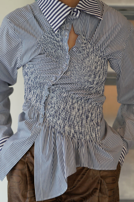 SUPER YAYA<br>TWIST COTTON STRIPES SHIRT<br>in NAVY BOXWOOD STRIPES<br><br>SOLD OUT