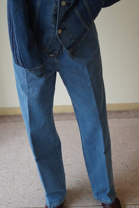 CRISTASEYA<br>BLEACHED DENIM PLEATED TROUSERS