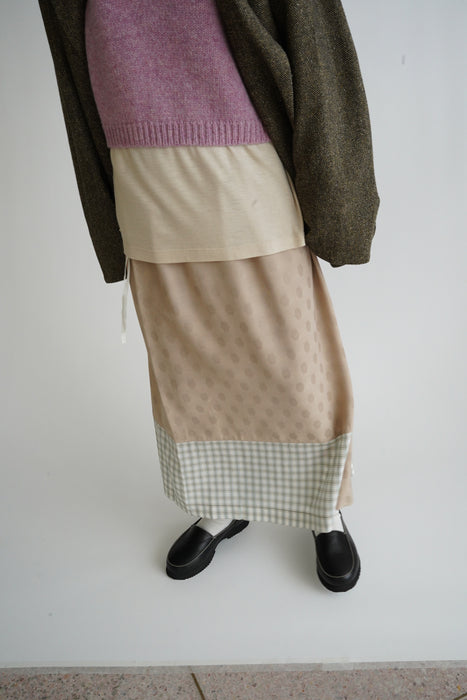 CRISTASEYA<br>PATCHED SILK SKIRT<br>in BEIGE/GREEN