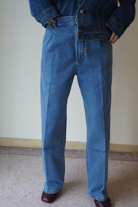 CRISTASEYA<br>BLEACHED DENIM PLEATED TROUSERS