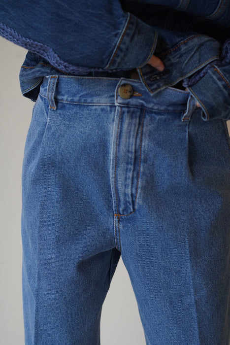 CRISTASEYA<br>BLEACHED DENIM PLEATED TROUSERS