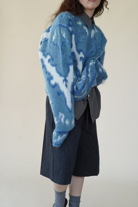 CRISTASEYA<br>CASHMERE OVERSIZED CARPET SWEATER <BR>in BLUE/WHITE