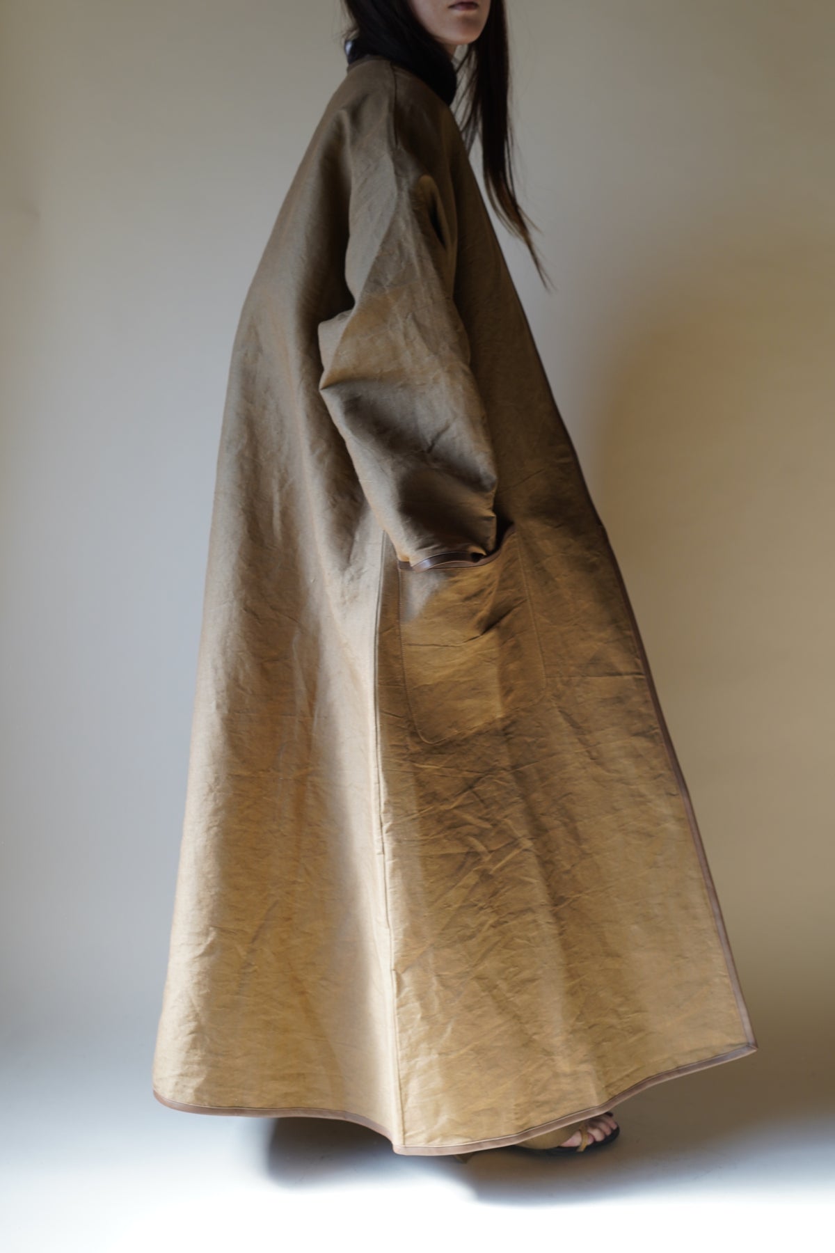 CRISTASEYA COLLARLESS COAT WITH LEATHER PIPING – PORT クリスタセヤ  