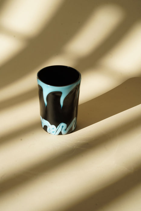 CRISTASEYA<br>MURANO GLASS <br>BLACK WITH CYAN DRIP & WAVE