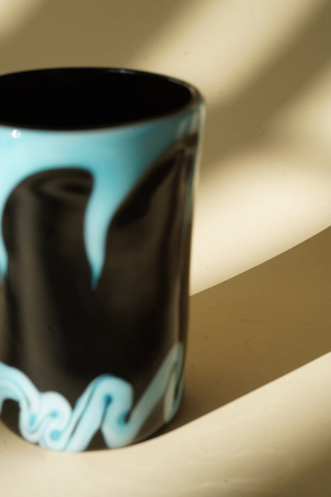 CRISTASEYA<br>MURANO GLASS <br>BLACK WITH CYAN DRIP & WAVE