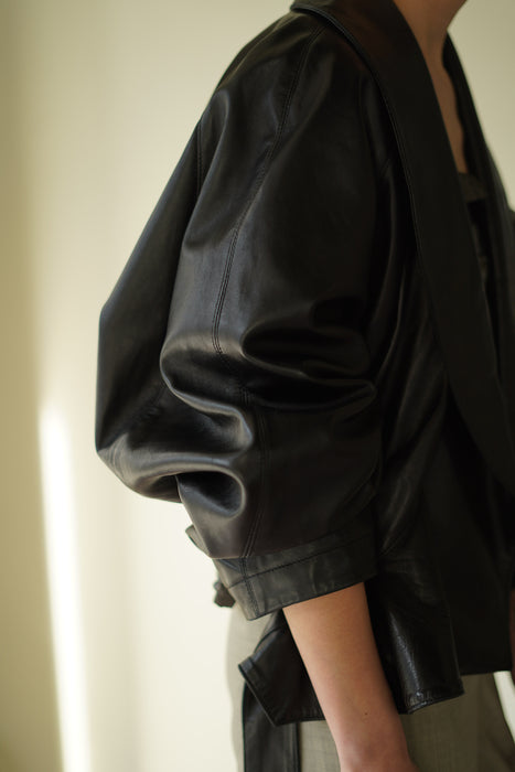 VINTAGE ALAIA<BR>LEATHER CROPPED WRAP COAT