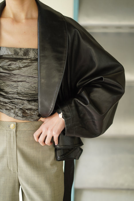 VINTAGE ALAIA<BR>LEATHER CROPPED WRAP COAT