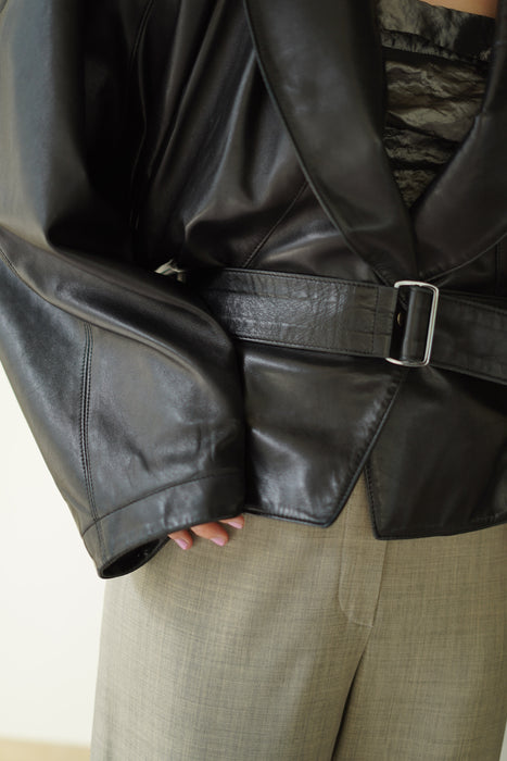 VINTAGE ALAIA<BR>LEATHER CROPPED WRAP COAT