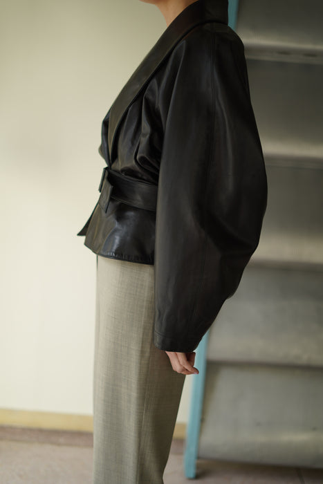 VINTAGE ALAIA<BR>LEATHER CROPPED WRAP COAT