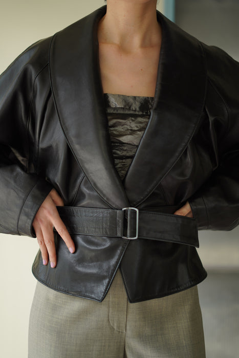 VINTAGE ALAIA<BR>LEATHER CROPPED WRAP COAT