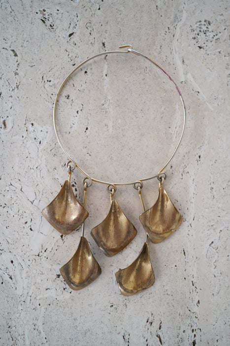 VINTAGE<BR>BRASS STATEMENT NECKLACE WITH FIVE DANGLING PETALS