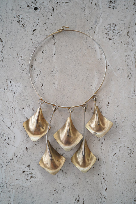 VINTAGE<BR>BRASS STATEMENT NECKLACE WITH FIVE DANGLING PETALS