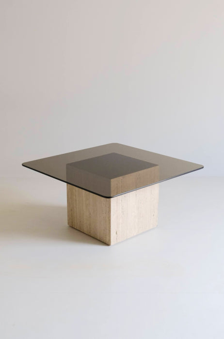 VINTAGE TRAVERTINE SMOKED GLASS TABLE