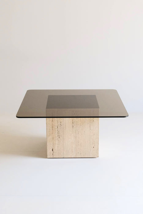 VINTAGE TRAVERTINE SMOKED GLASS TABLE