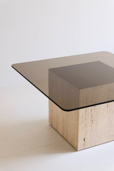 VINTAGE TRAVERTINE SMOKED GLASS TABLE